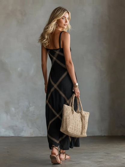 Melisa Vestido Maxi Geométrico con Escote Cuadrado