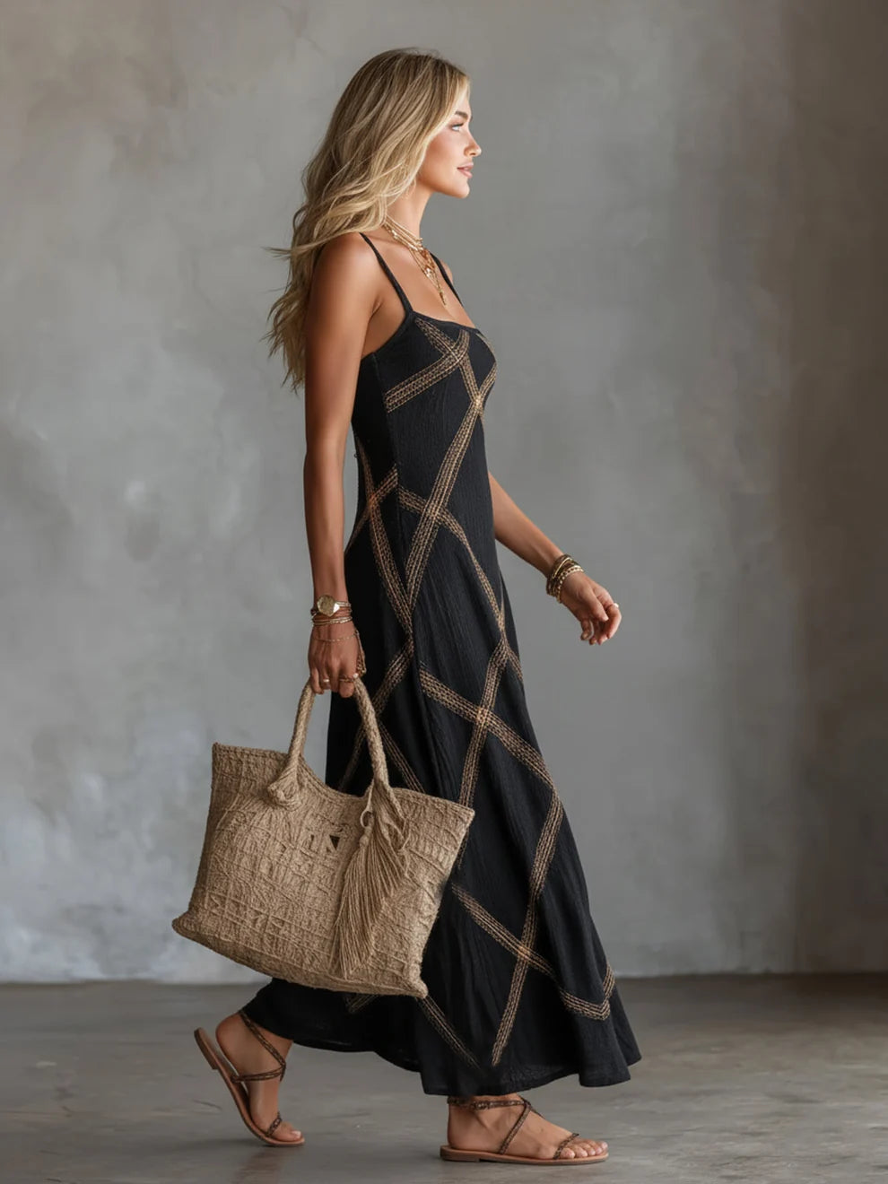 Melisa Vestido Maxi Geométrico con Escote Cuadrado
