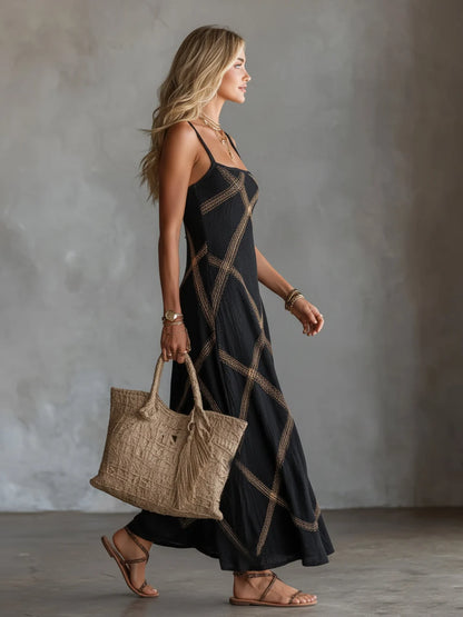 Melisa Vestido Maxi Geométrico con Escote Cuadrado