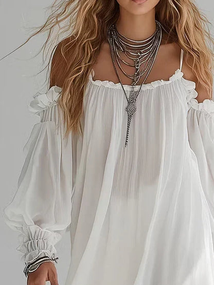 Iliana Vestido Bohemio con Volantes, Hombros al Descubierto y Silueta Fluida