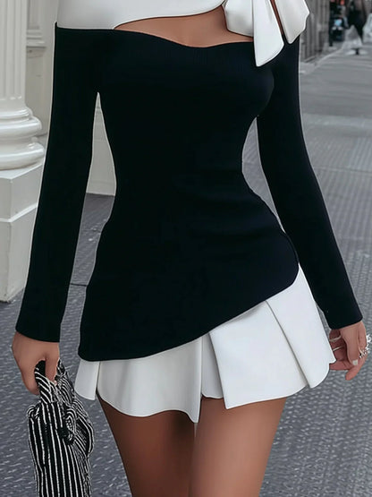 Celina Vestido Mini Blanco y Negro con Tirantes y Detalle de Lazo Cosido