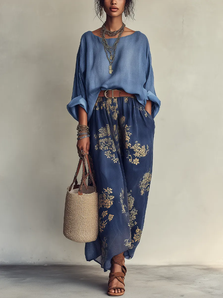 Lisa Conjunto de Dos Piezas con Top Oversize Azul y Falda Larga Estampada de Flores