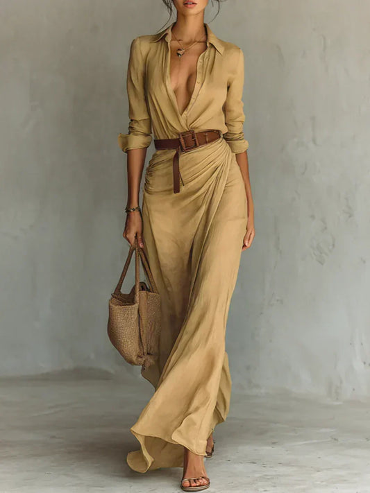 Jana Vestido Maxi con Cuello Camisero y Cinturón en la Cintura