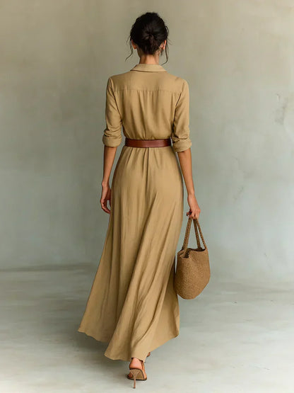 Jana Vestido Maxi con Cuello Camisero y Cinturón en la Cintura