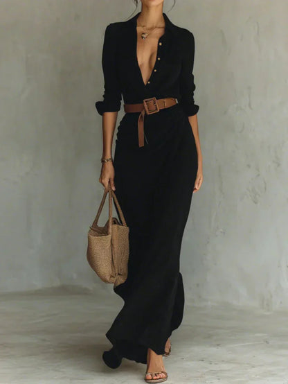 Jana Vestido Maxi con Cuello Camisero y Cinturón en la Cintura