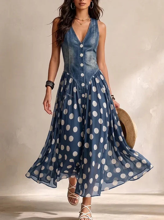 Alba Vestido Vaquero Elegante con Falda de Chifón de Lunares