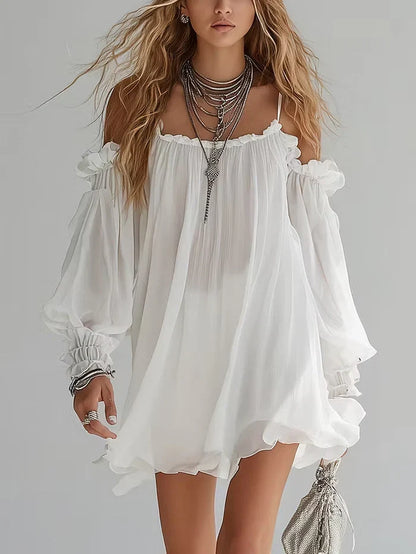 Iliana Vestido Bohemio con Volantes, Hombros al Descubierto y Silueta Fluida
