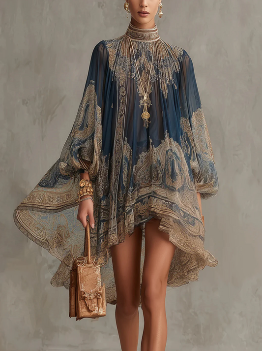 Mariana | Mini Vestido de Chifón Azul Marino con Estampado Barroco Dorado