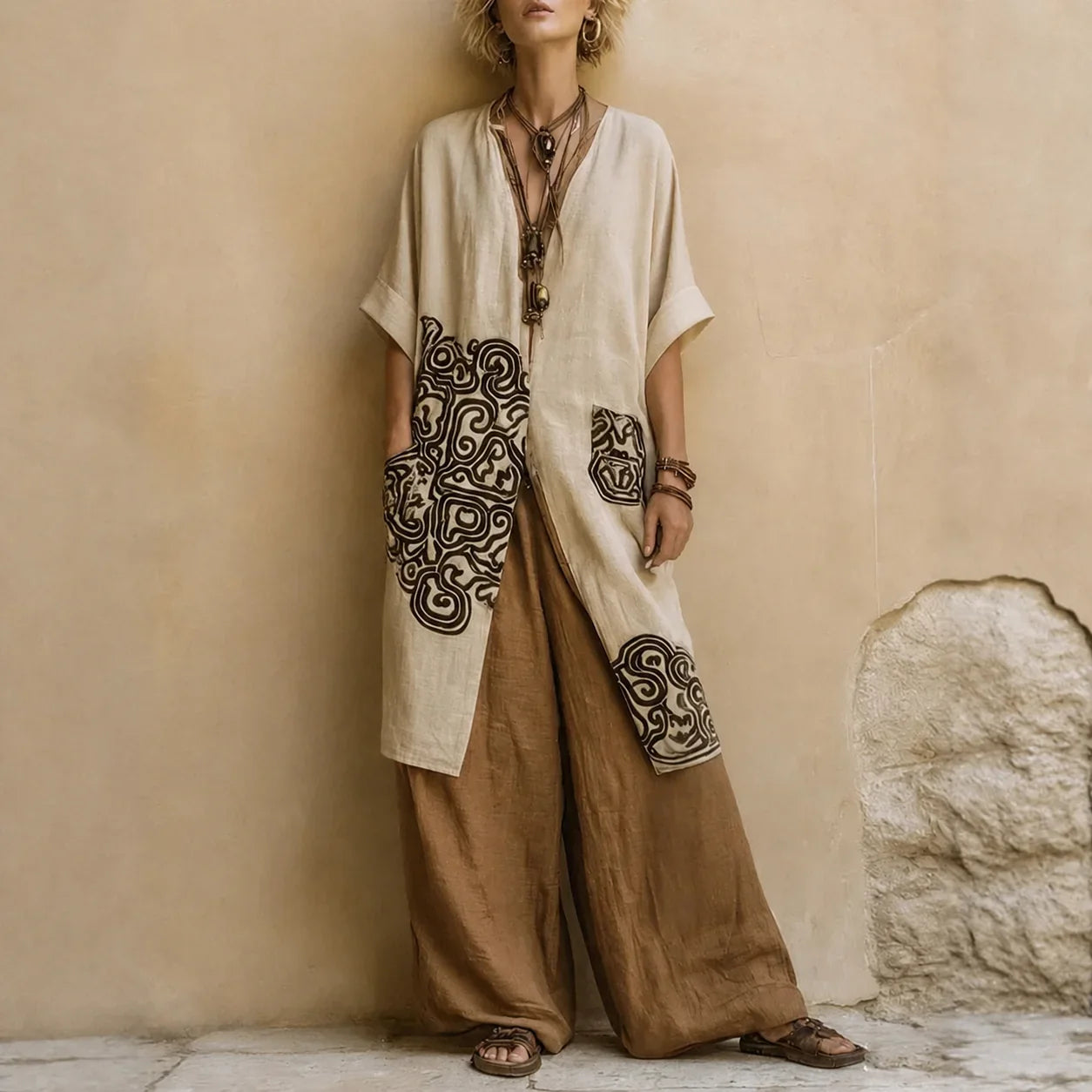 Selma Conjunto Bohemio de Tres Piezas con Estampado Geométrico
