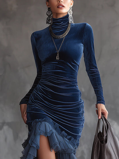 Teresa Vestido Largo de Terciopelo Azul Marino Plisado con Volantes