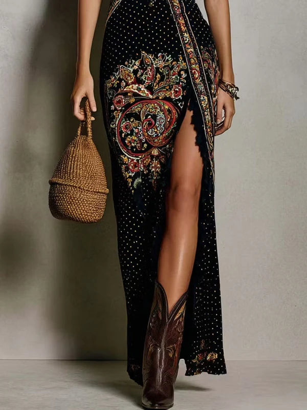 Vestido Estampado de Estilo Bohemio con Escote en V Profundo y Abertura Lateral