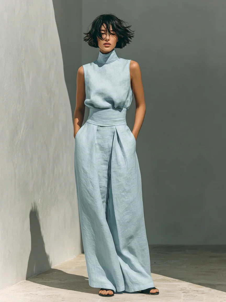 Joana Conjunto Elegante de Top con Tirantes Finos y Pantalón Ancho