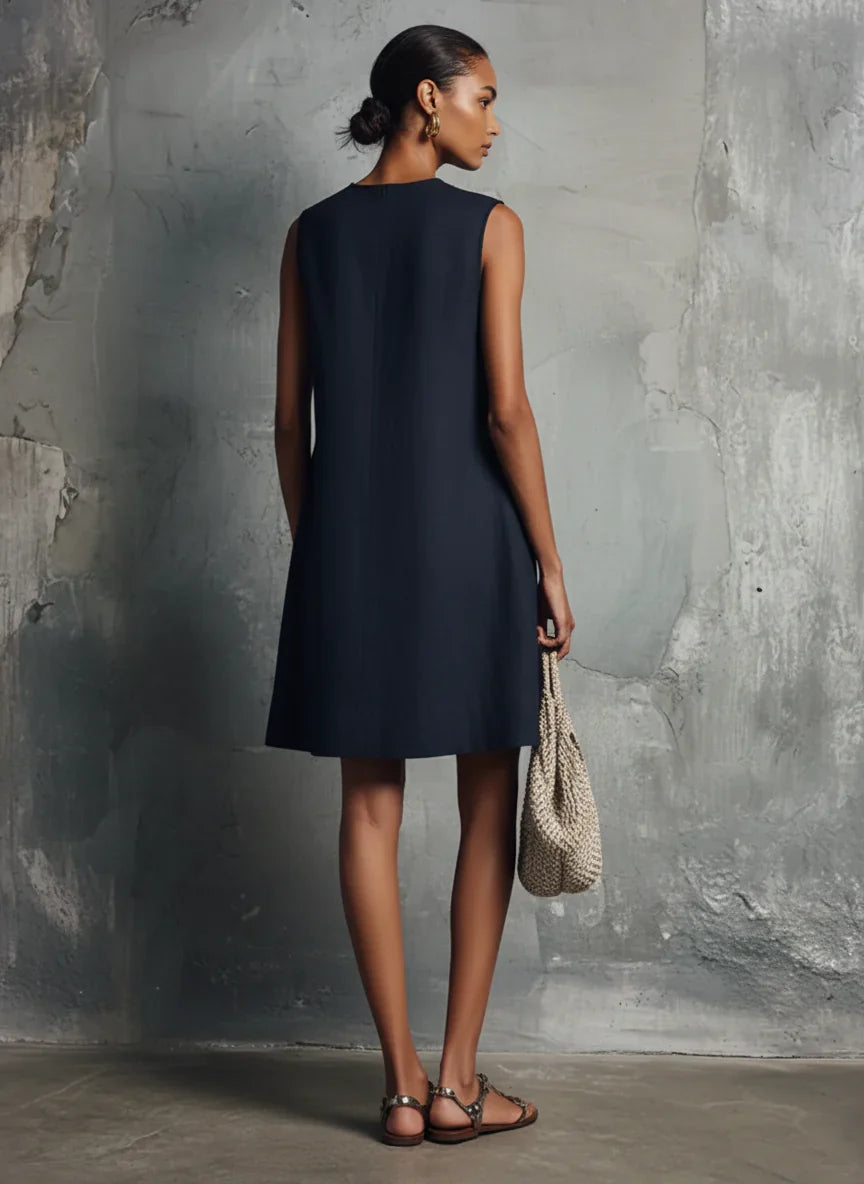 Lis Vestido Mini de Lino Azul Marino con Cuello Redondo y Botones Asimétricos