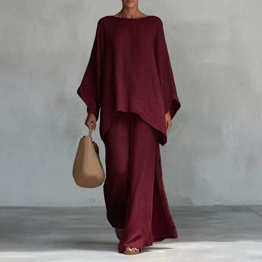 Verónica Conjunto de Dos Piezas con Blusa de Manga Larga y Pantalón de Pernera Ancha