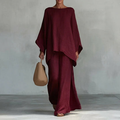 Verónica Conjunto de Dos Piezas con Blusa de Manga Larga y Pantalón de Pernera Ancha
