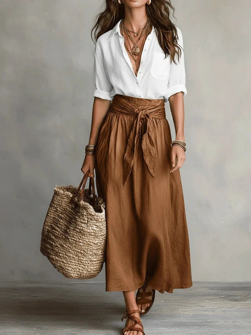 Vida Conjunto Elegante de Dos Piezas con Blusa Negra y Falda Midi