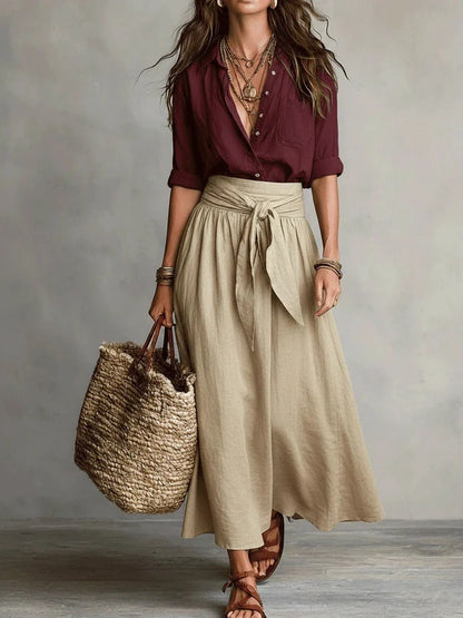 Vida Conjunto Elegante de Dos Piezas con Blusa Negra y Falda Midi