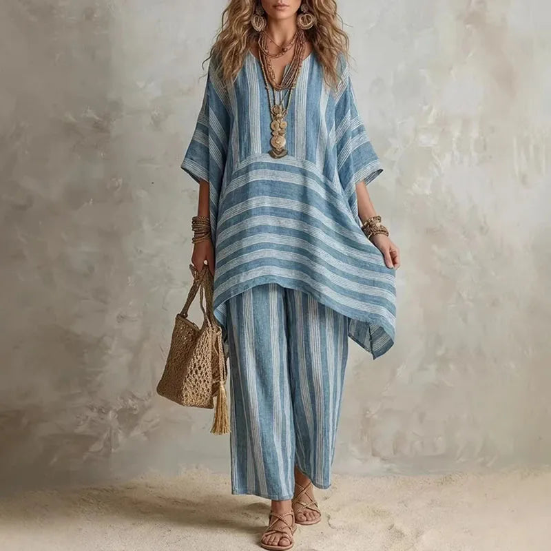 Rita Conjunto Bohemio de Dos Piezas con Estampado de Rayas