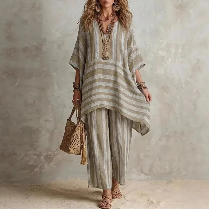 Rita Conjunto Bohemio de Dos Piezas con Estampado de Rayas