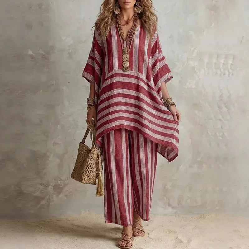 Rita Conjunto Bohemio de Dos Piezas con Estampado de Rayas
