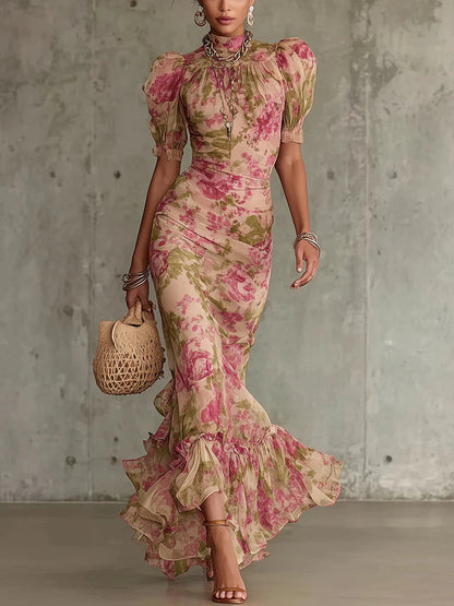 Vestido Maxi con Estampado Floral Vintage Rosa y Mangas Abullonadas (Accesorios no incluidos)