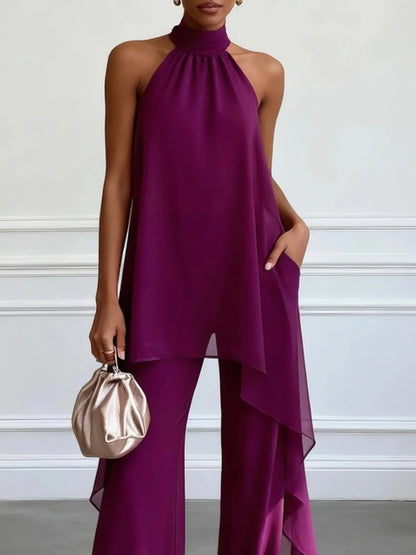 Conjunto de Dos Piezas con Top Elegante sin Mangas Morado y Pantalón