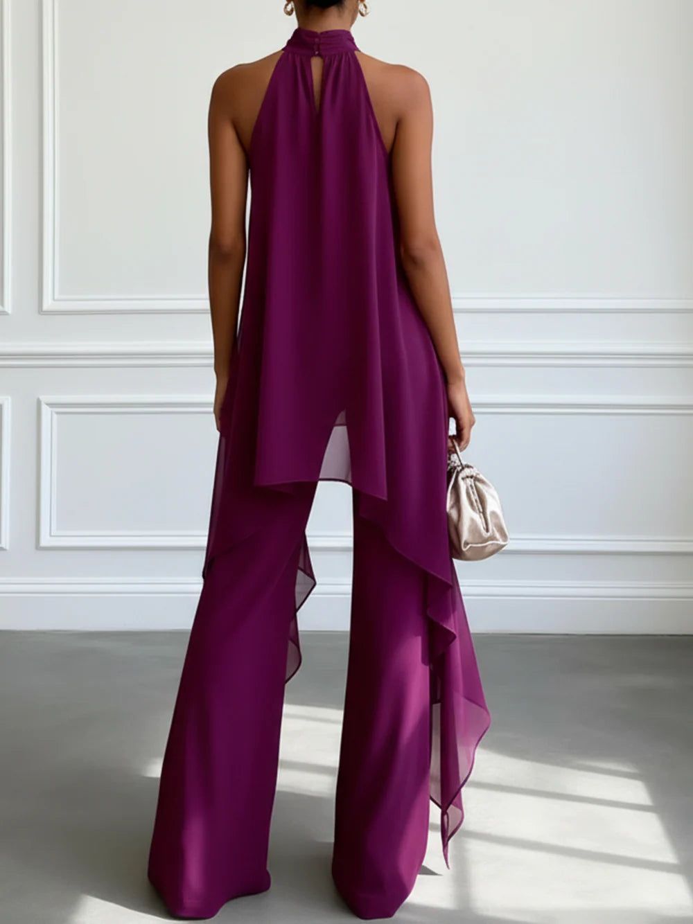 Conjunto de Dos Piezas con Top Elegante sin Mangas Morado y Pantalón