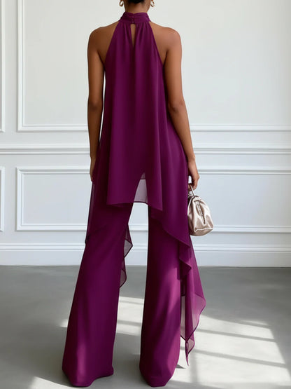 Conjunto de Dos Piezas con Top Elegante sin Mangas Morado y Pantalón