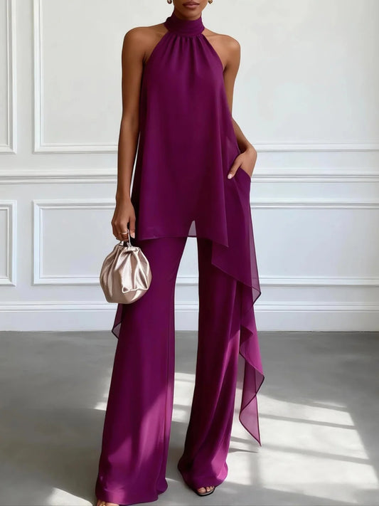 Rebeca Conjunto de Dos Piezas con Top Elegante sin Mangas Morado y Pantalón