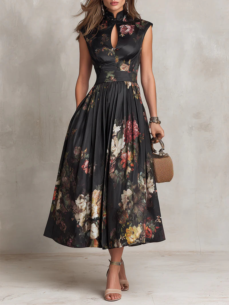 Vestido Midi de Satén Plisado con Escote de Abertura