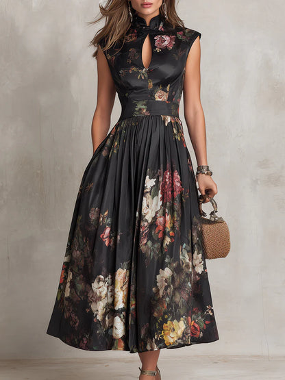 Vestido Midi de Satén Plisado con Escote de Abertura