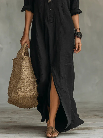 Céline Vestido Maxi Negro de Volumen con Botones