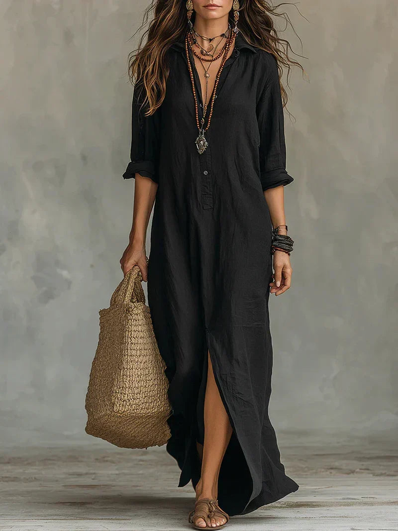 Céline Vestido Maxi Negro de Volumen con Botones