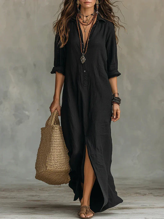 Céline Vestido Maxi Negro de Volumen con Botones