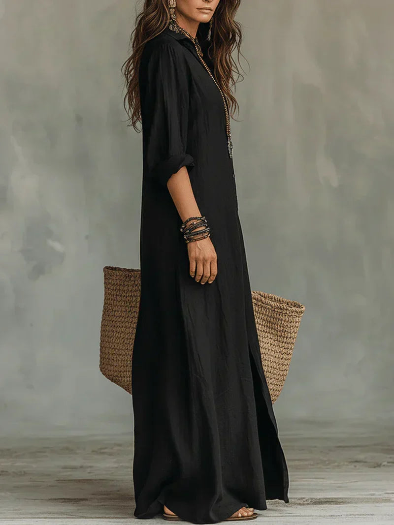 Céline Vestido Maxi Negro de Volumen con Botones