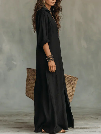 Céline Vestido Maxi Negro de Volumen con Botones