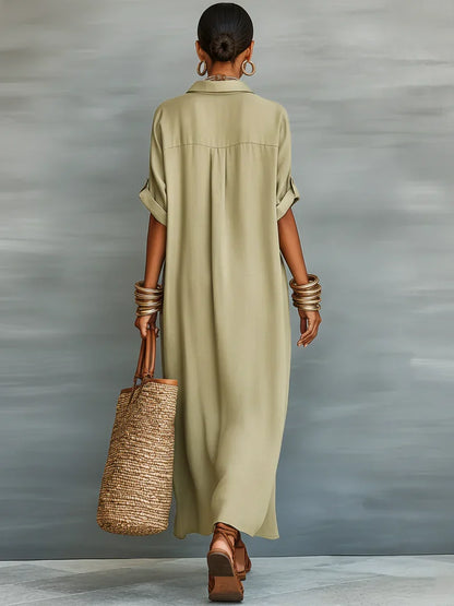 Megan Vestido Maxi Verde Oliva de Líneas Minimalistas