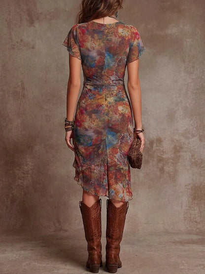 Vestido Midi Plisado con Escote en V y Estampado Bohemio Abstracto