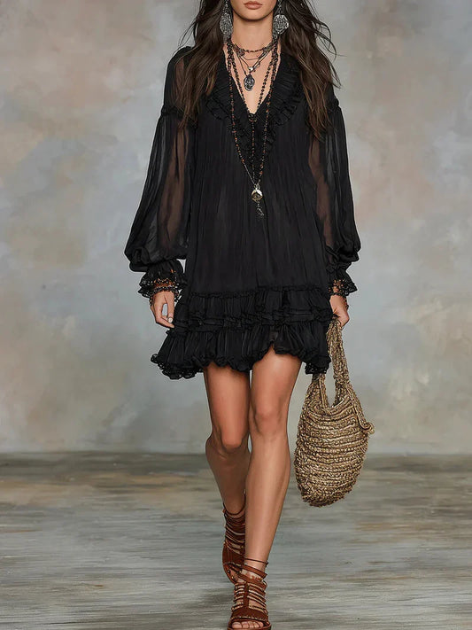 Carolina Vestido Mini de Chiffon Negro con Mangas Farol y Volantes