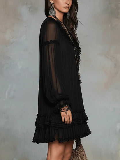 Carolina Vestido Mini de Chiffon Negro con Mangas Farol y Volantes