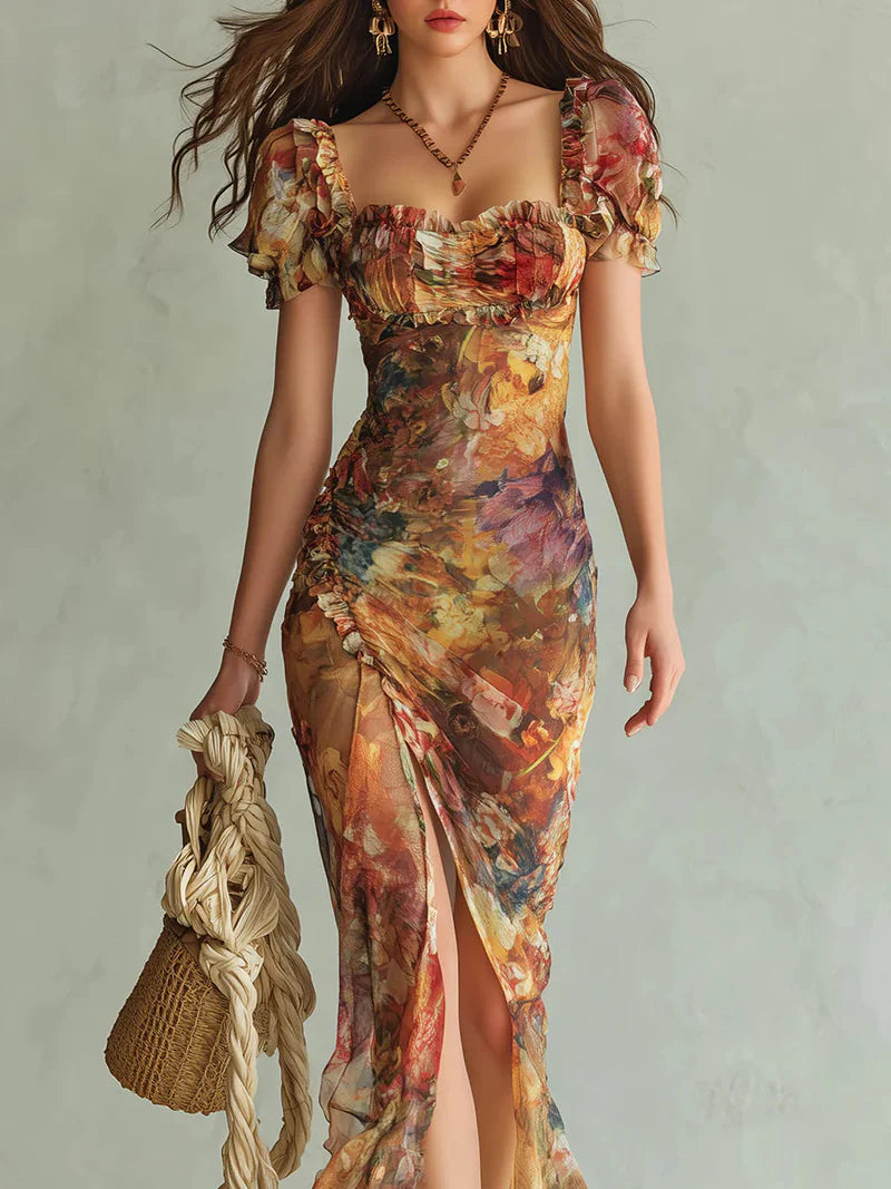 Vestido Maxi de Chiffon con Estampado Bohemio de Inspiración Óleo en Tonos Naranja