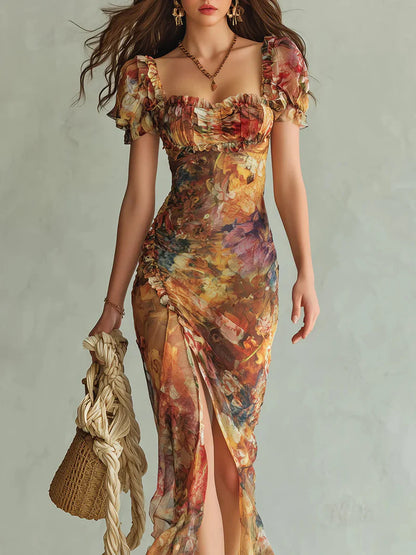 Vestido Maxi de Chiffon con Estampado Bohemio de Inspiración Óleo en Tonos Naranja