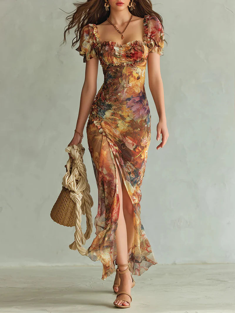 Vestido Maxi de Chiffon con Estampado Bohemio de Inspiración Óleo en Tonos Naranja