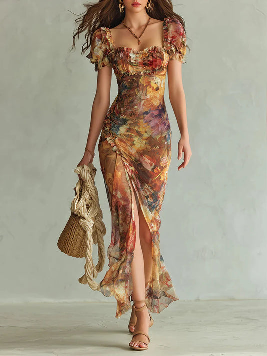 Miriam Vestido Maxi de Chiffon con Estampado Bohemio de Inspiración Óleo en Tonos Naranja