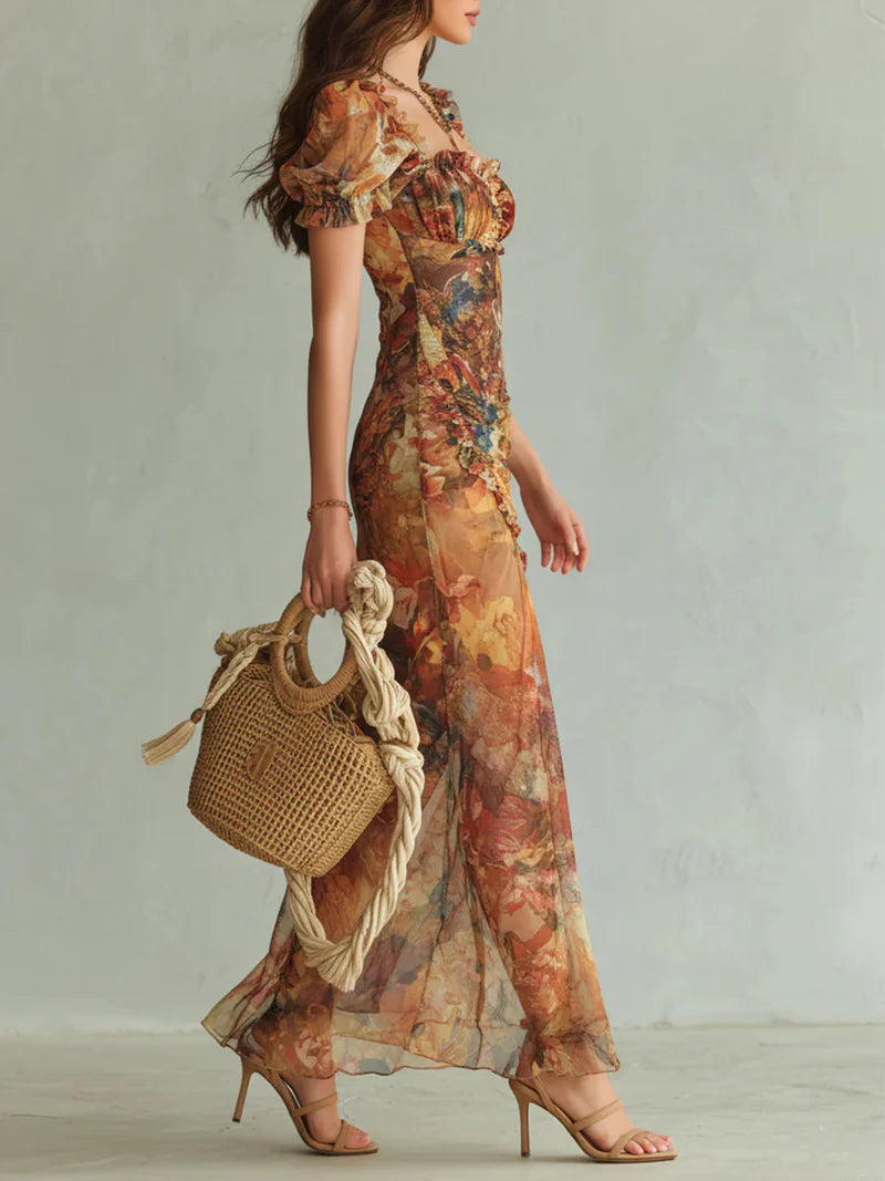 Vestido Maxi de Chiffon con Estampado Bohemio de Inspiración Óleo en Tonos Naranja