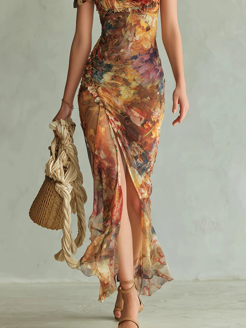 Vestido Maxi de Chiffon con Estampado Bohemio de Inspiración Óleo en Tonos Naranja