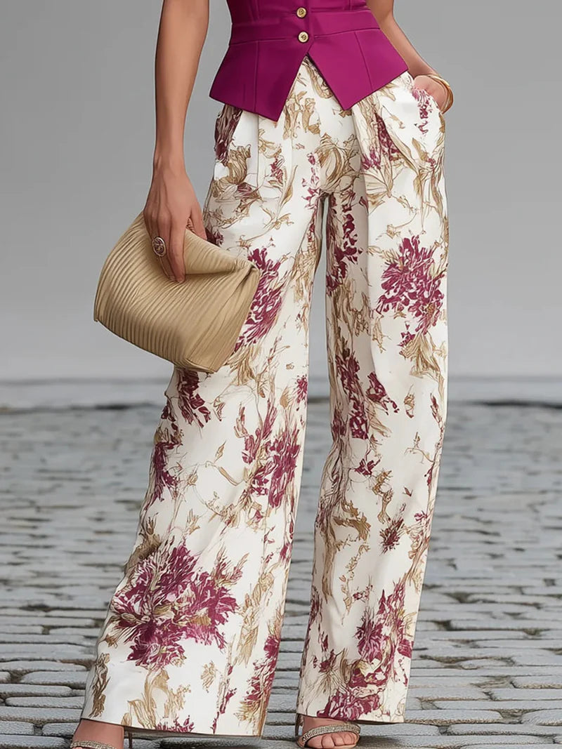 Chaleco Rosa sin Mangas y Pantalón Ancho con Estampado Floral