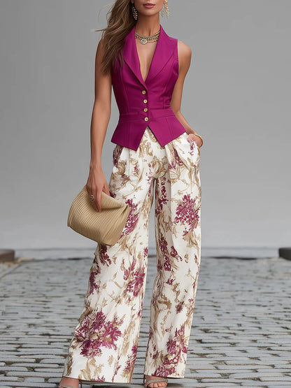 Chaleco Rosa sin Mangas y Pantalón Ancho con Estampado Floral