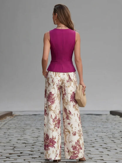 Chaleco Rosa sin Mangas y Pantalón Ancho con Estampado Floral