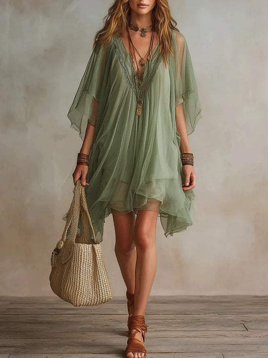 Aria Vestido Mini Fluido de Chiffon Verde con Escote en V